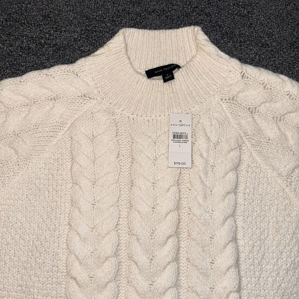 NWT Ann Taylor Cable Knit Mock Neck Sweater Womens L Ivory Wool Blend - Picture 2 of 8
